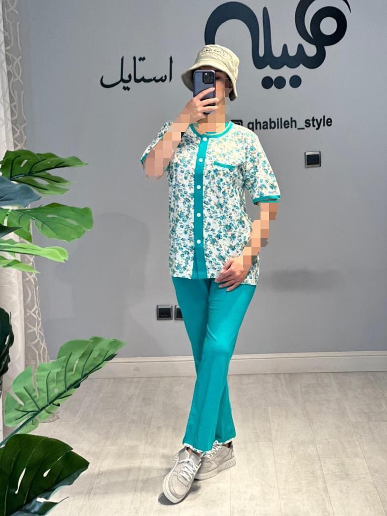 ست بلوز و شلوار شیردهی دکمه دار استین کوتاه گلگلی( کد 608)